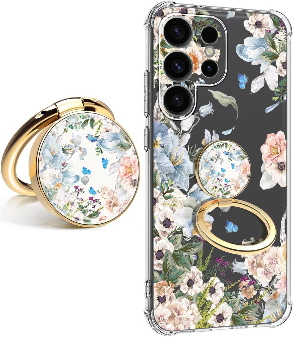 for Samsung Galaxy S25 Ultra Case [Military Grade Drop Test] Full Body Protection Slim Shockproof Rugged Marble Cover 6.9" for Women Men (Elegant Blossom with Holder)