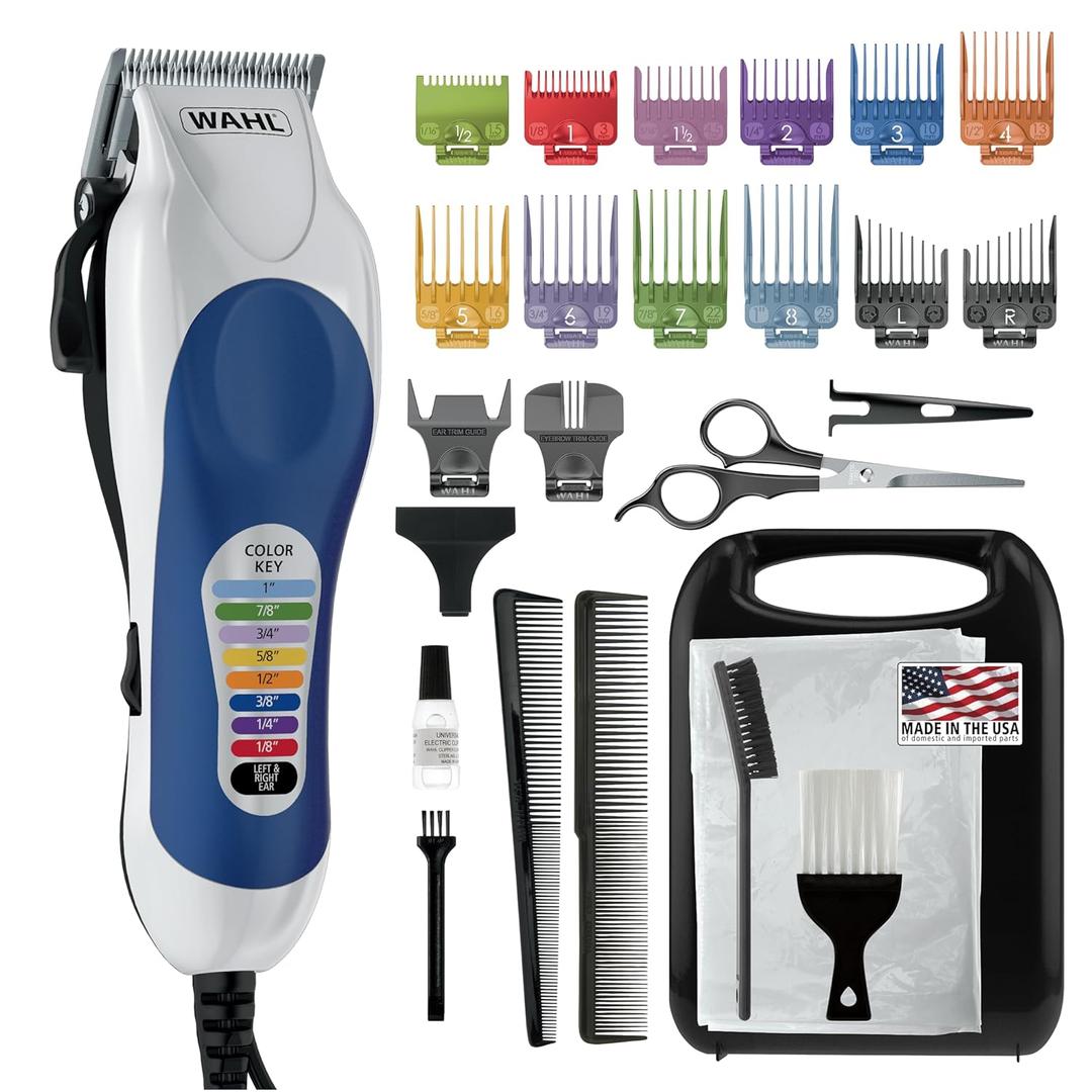 Wahl Clipper USA Color Pro Complete Haircutting Kit with Easy Color Coded Guide Combs - Corded Clipper for Hair Clipping & Grooming Men, Women, & Children - Model 79300-1001M