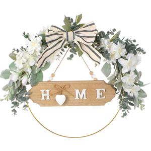 Home Wreaths for Front Door - 12 Inch Hanging Wooden Wreath with Bow for Farmhouse Indoor Outdoor, Rustic Greenery Wreath with Eucalyptus Welcome Sign for Home Wall Housewarming Decor