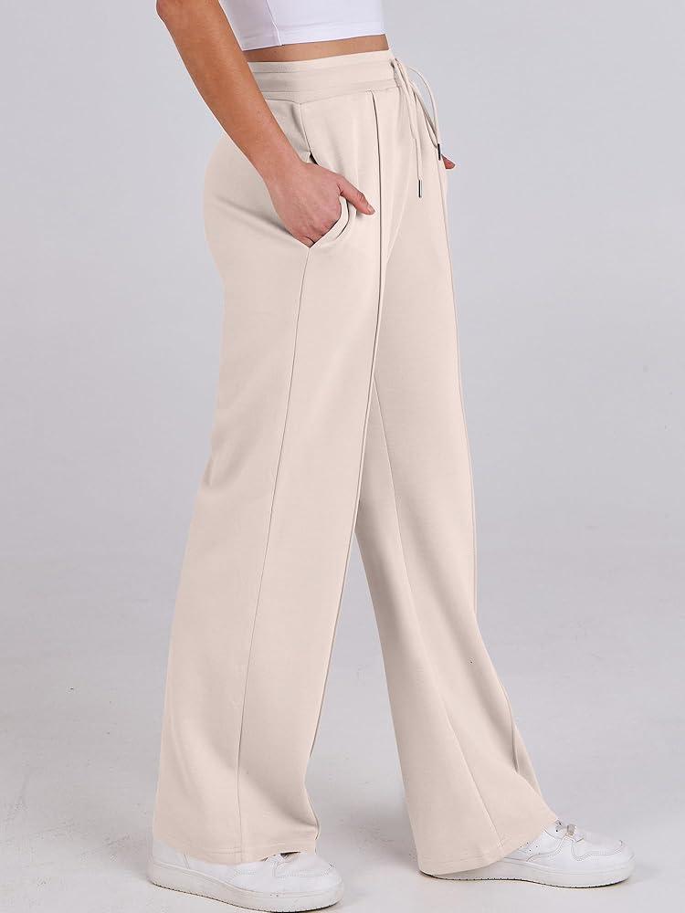 PRETTYGARDEN Womens Wide Leg Sweatpants High Waisted Baggy Lounge Sweat Pants Drawstring Athletic Flared Joggers with Pockets, Size XL, Beige 