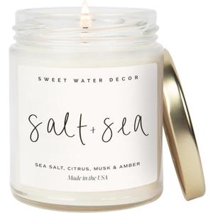 Sweet Water Decor Salt and Sea Candle - Sea Salt, Citrus, Amber, Musk, Beach Scented Soy Candles for Home - Coastal Decor for Beach Lovers - 9oz Clear Jar, 40 Hour Burn Time, Made in The USA