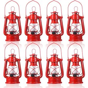 Hortsun 8 Pcs 8 Inch Vintage LED Hurricane Lantern Metal Red Outdoor Battery Operated Hanging Lantern with Warm LEDs and Dimmer Switch for Halloween Christmas Indoor Rustic Farmhouse Camping Decor