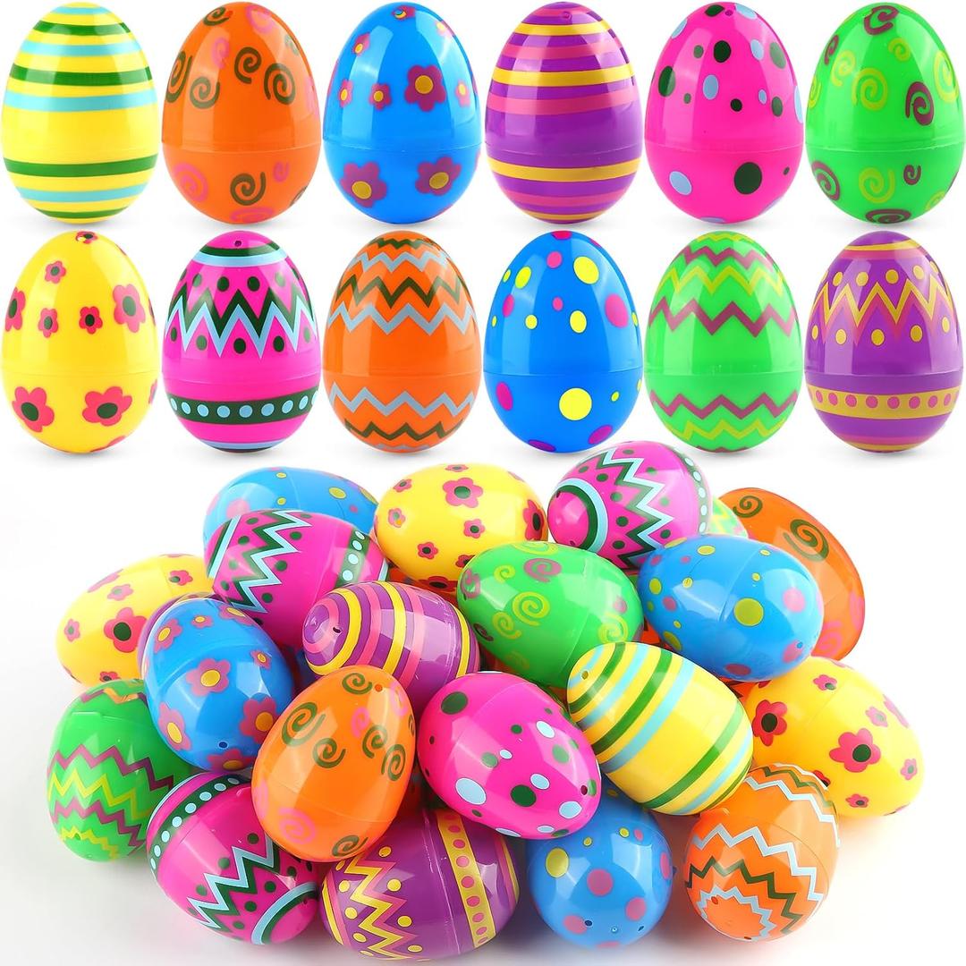 LEASEN 36 Pack Printed Easter Eggs Bulks, 2.3 Inches Empty Plastic Easter Eggs Fillable for Easter Egg Hunt, Easter Party Favor for Kids, Basket Stuffers Fillers