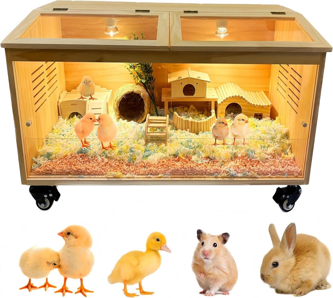 Brooder Box for Chicks Pine Wood Chicken brooder Box with Thermostat & Heating Lamp & Brake Casters Solid Panels Chick brooder for Chicks, Ducklings, Hamsters, Guinea Pigs - Chew-Proof(32x16x16 in)