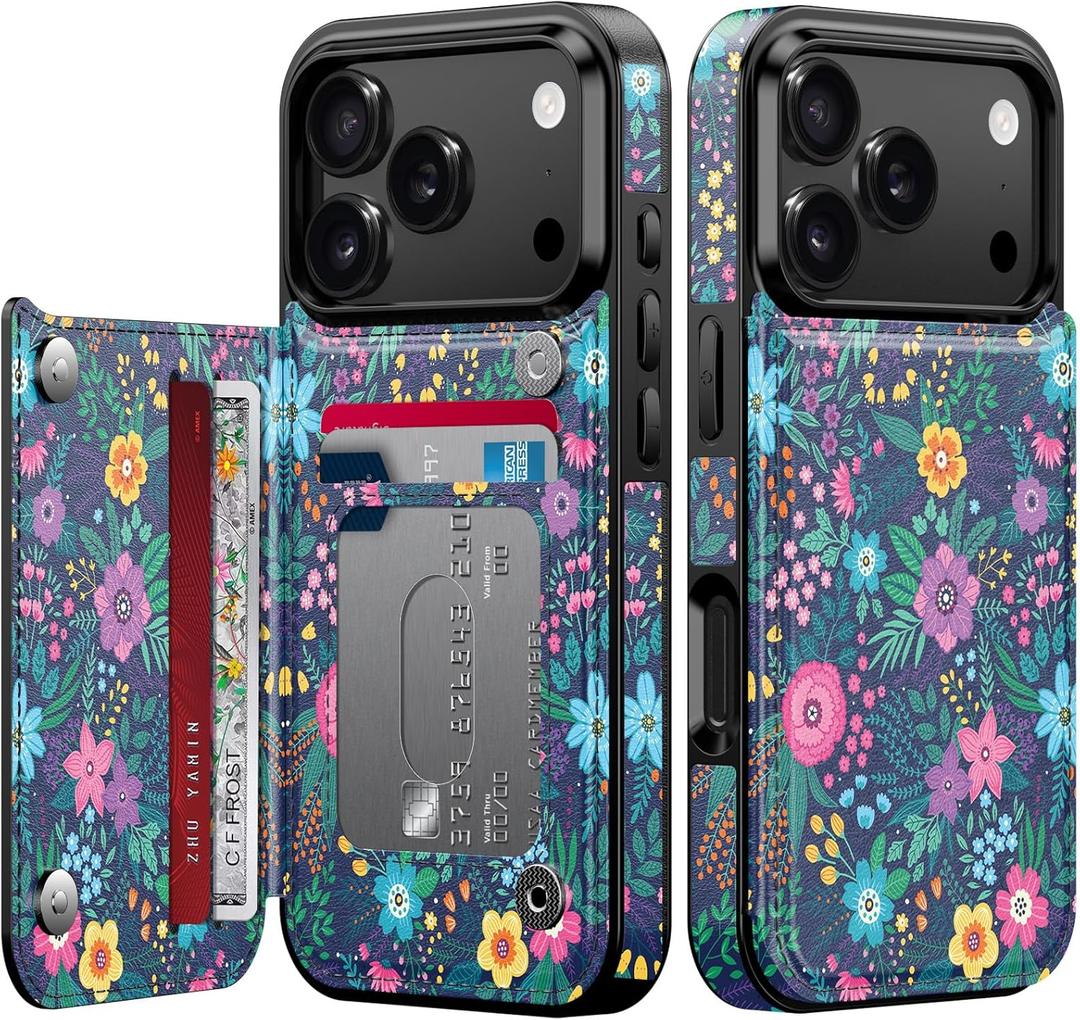 Goodon for iPhone 17 Pro Max Case Wallet - Flip Folio Leather Cover with Trendy Floral Design, 3 Card Slots & Kickstand Function, Stylish Protective Phone Case for Women and - Cute Blooming Flowers