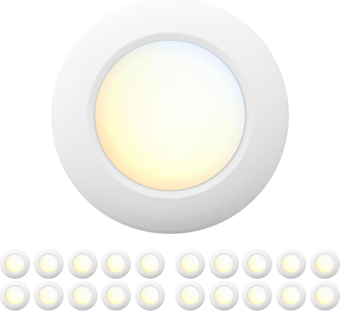 20 Packs 6 Inch 5CCT Field Selectable LED Low Profile Recessed & Surface Mount Disk Light, Round, 15W, 920 Lumens, CRI80, 27K-30K-35K-40K-50K, Driverless, Dimmable, ETL & Wet Rated, White