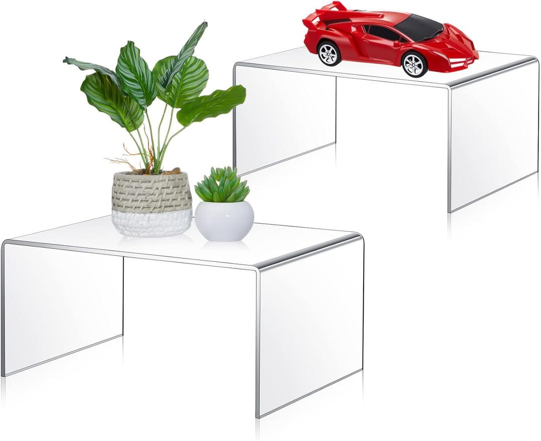 RattanView 2 Pcs 10 Inch, 12 Inch Large Acrylic Risers Display Stands 5 mm Thick Acrylic Shelf Riser Showcase for Collectibles Jewelry Cupcakes Food Figures Perfume Cabinet (Clear)