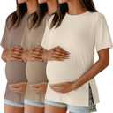Ficerd 3 Pack Women's Maternity T Shirts, Short Sleeve Side Split Pregnancy Tops Casual Crew Neck Pregnant Tees Mama Clothes (Coffee, Khaki, Cream, S)