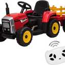 Kids Battery Powered Electric Tractor with Parent Remote Control & Trailer, Toddler 12V Ride On Toy with Dual Motors /2+1 Gear Shift/ 7-LED Lights/USB & Music Player,Red,35W/ EVA Tire