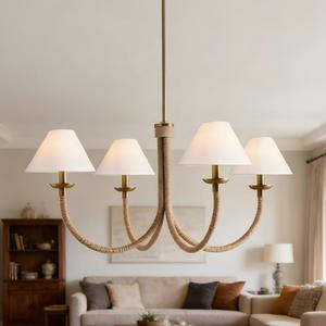 40" Rustic Elegance 4-Light Linen Cone Chandelier with Metal & Rope, Boho Farmhouse Ceiling Fixture, Hardwired for Dining & Living Room, E12 Bulbs