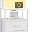 Furnulem Night Stand, Tall White Nightstand with 4Tier Shelves, 2 PU Fabric Drawers and Light Tube, Bed Side Tables with Charging Station, Bedside Table for Bedroom