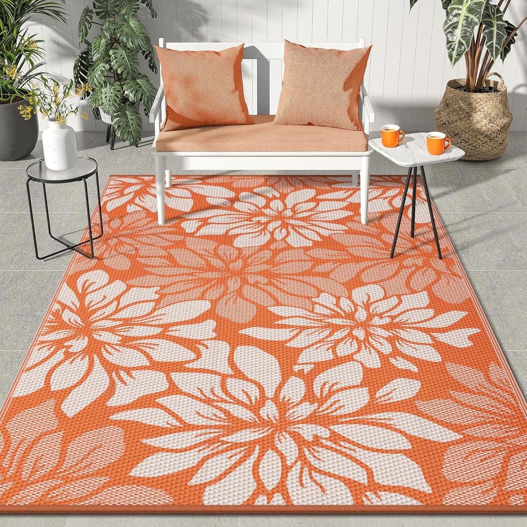 GENIMO Outdoor Rug Waterproof for Patio Decor, 6' x 9' Reversible Plastic Straw Floral Camping Carpet, Large Area Rugs Mats for RV, Camper, Deck, Balcony, Porch, Beach, Picnic, Orange & Beige