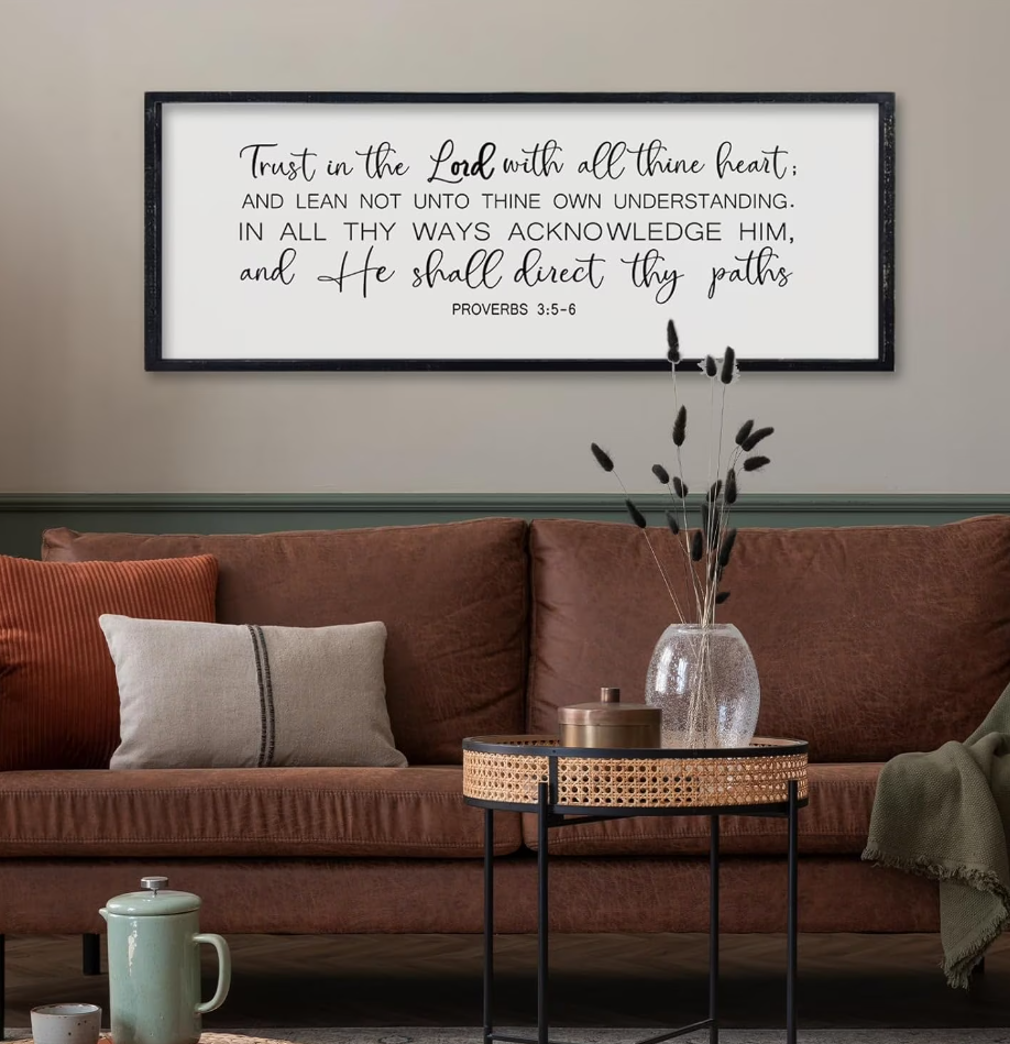 Comurdyo Trust in the Lord With All Thine Heart Wall Art Decor 32"×12" Proverbs 3:5-6 Bible Verse Christian Scripture Large Wooden Framed Wall Hanging Sign (Black)
