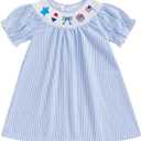 Toddler Little Baby Girl 4th of July Dress Puff Short Sleeve Stripes Smocked Dresses Kids Fourth of July Outfit (Blue)