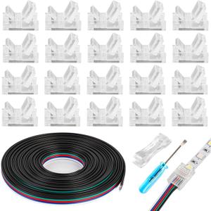 HOMELYLIFE 20 Pack 5 Pin 10mm RGBW LED Strip Connectors Solderless with 16.4ft Extension Cable 5 Conductor for Waterproof or Non-Waterproof 10mm Wide RGBW LED Strip Lights