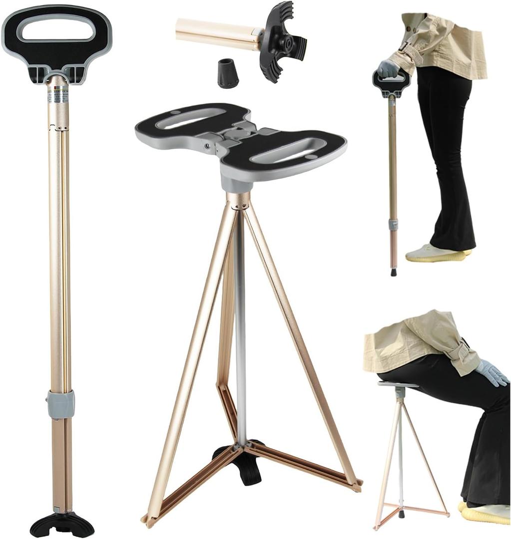 Walking Cane with Seat for Men & Women,Portable Cane Seat with Carry Bag,Lightweight Anti-Slip Walking Stick for Seniors & Adults,Foldable Adjustable Cane Chair for Travel Hiking (rose gold)
