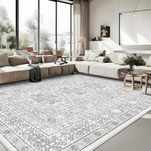 Washable Living Room Area Rug: 9x12 Large Super Soft Vintage Rugs Bedroom Oriental Indoor Rug Water Resistant Ultra Thin Carpet Non-Slip Backing Distressed Rugs for Kitchen 9x12 Grey