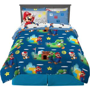 Super Mario Bros Kids Bedding Super Soft Cozy Comforter and Sheet Set with Sham, 7 Piece Full Size Nintendo Gamer Bed Set, (100% Officially Licensed Product) by Franco