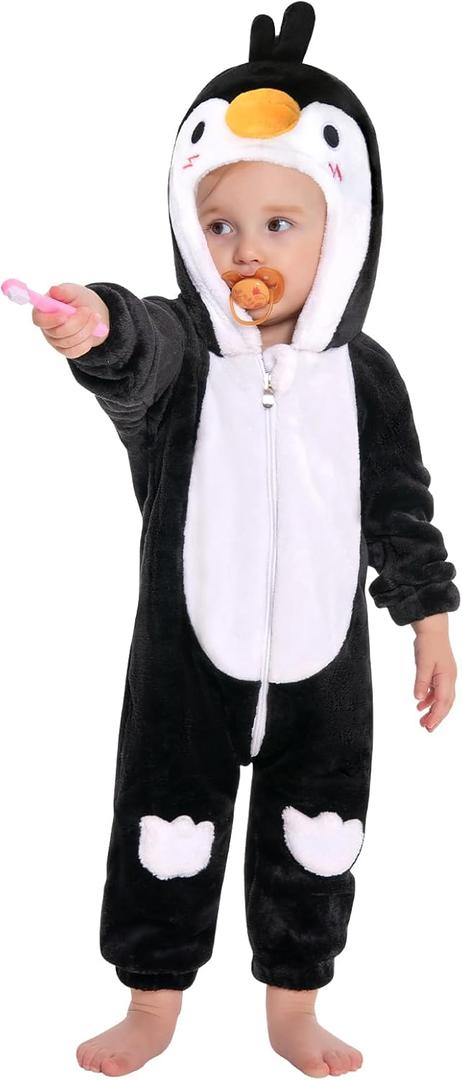 OLAOLA Baby Animal Costume Onesie, Unisex Toddler Romper, Plush Dress Up Infant Outfits Halloween Cosplay Jumpsuit (12-18 Months/Height 29"-31", Penguin)