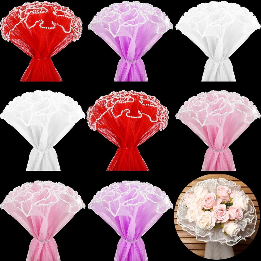 Gilprop 8 Pcs Valentine's Day Flower Wrapping Mesh Paper, 11 Inch x 4 Yard Wavy Pearl Edge Wrinkled Flower Packaging Mesh, Florist Supplies for Teacher Mother's Day Gifts (Red,Pink,White,Purple)