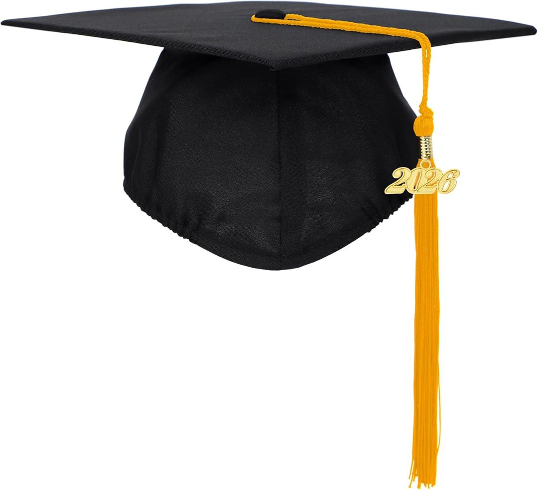 FtyFty Unisex Adult Matte Graduation Cap with Tassel Year Charm (One Size, Black With Gold)