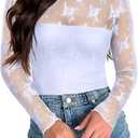 PINKMSTYLE Women's Long Sleeve Lace Bodysuit High Neck Sexy Tops for Going Out, Concert, Date Night Outfits (White, XL)