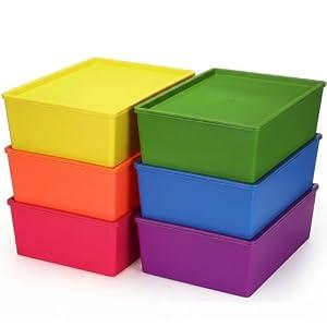 Menkxi 6 Pcs Large Plastic Storage Bins with Lids 14.4 x 10.4 x 5.1 Inch Stackable Storage Containers Decorative Cubby Organizer for Clothes Shelves Garage Closet Office (Colorful)