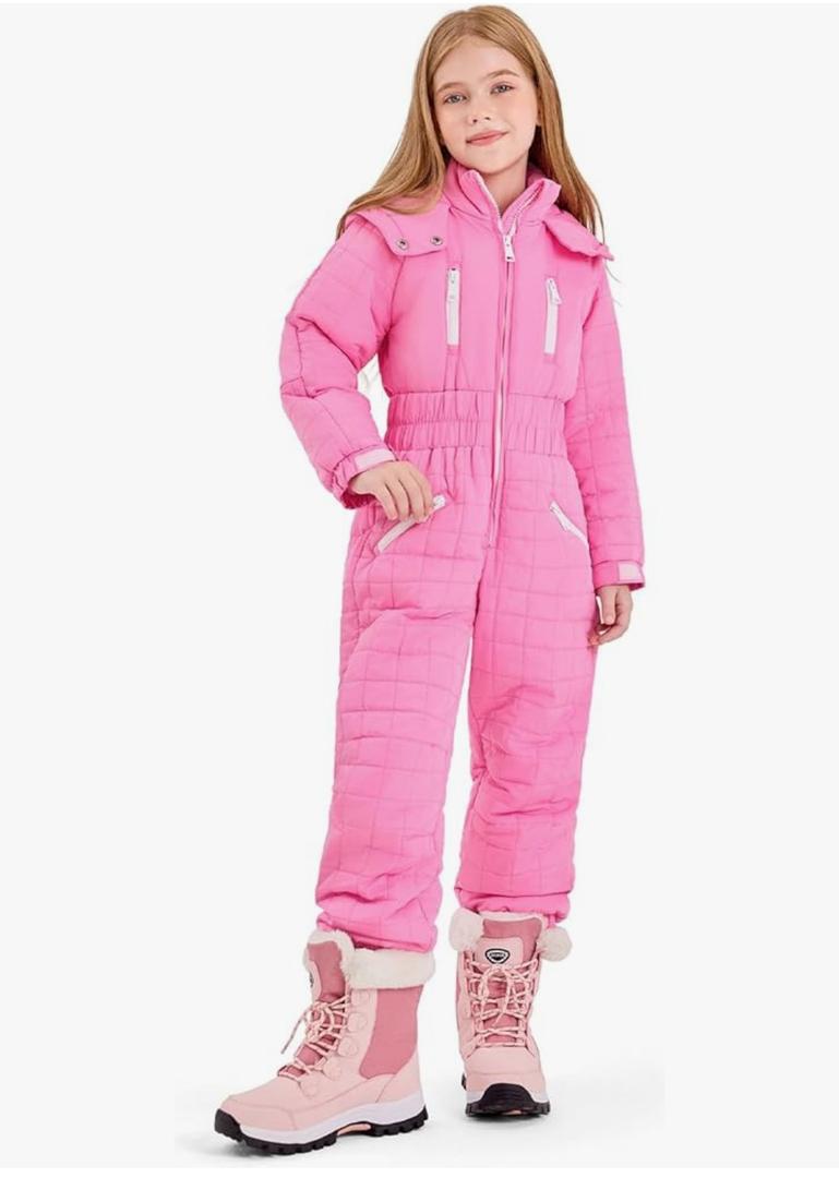 Haloumoning Kids Snow Suit Girls Hooded Waterproof Insulated One Piece Ski Suit, 140