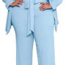 IyMoo Plus Size Suits for Women Business Open Front Long Sleeve Blazer Elastic Waist Solid Straight Leg Pant Set Suits, Light Blue, XX-Large Plus
