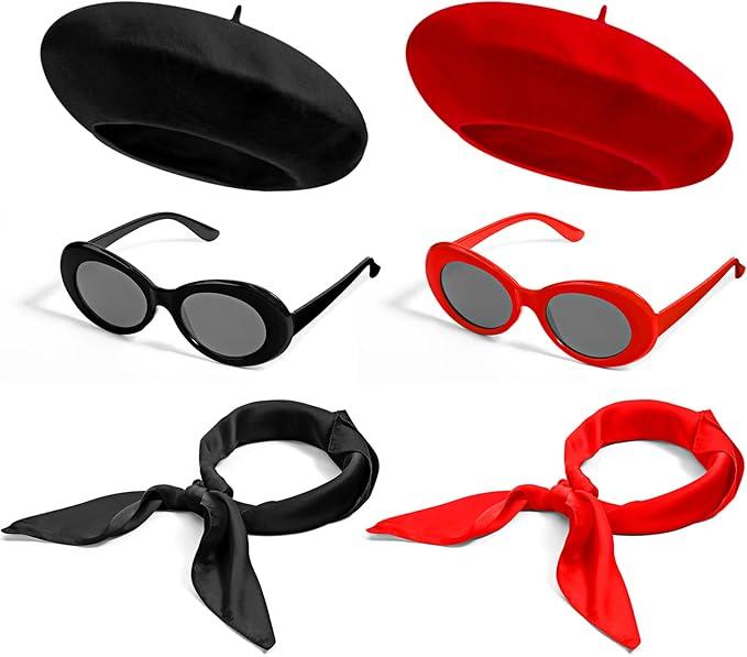 6 Pieces Women Men French Themed Party Couple Costume Accessories Set French Beret Hat Retro Oval Sunglasses and Silk Square Neck Scarf