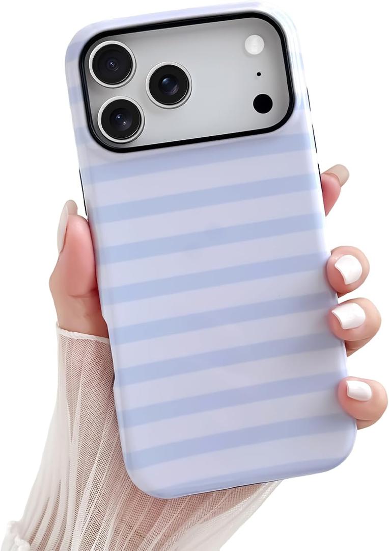 iPhone 17 Pro Case Cute Aesthetic Horizontal Striped Phone Case for Women Girl Shockproof Slim TPU and Hard PC Protective Cover 6.3 inch 2025 - Light Blue