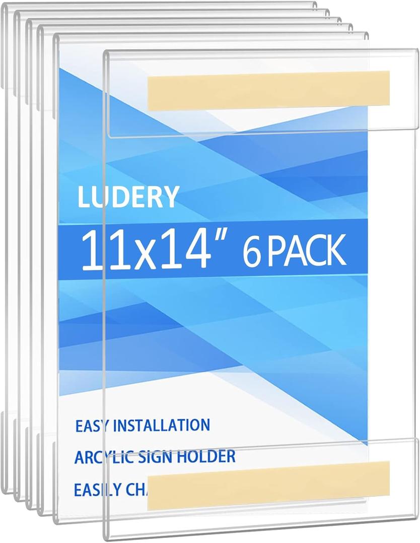Acrylic Sign Holder 11 x 14 Wall Mount, Wall Mount Sign Holders, Clear Acrylic Frame with 3M Tape Adhesive, Plastic Wall Sign Holder for Office, Home, Restaurant(6 Pack)