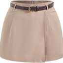 Women's Wrap Wide Leg Tailored Shorts Belted High Waisted Dressy Casual Skort (Beige, L)