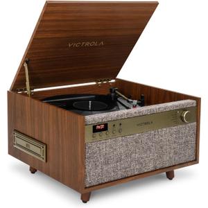 Victrola Century 6-in-1 Vinyl Record Player & Music Center 3-Speed Turntable, CD & Cassette Player, VINYLSTREAM, Bluetooth & 3.5mm Aux, Record Player with Speakers, Mid Century Design (Walnut)