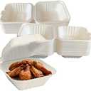 Raj Eco To Go Containers 6" Take out food containers Compostable Clamshell Disposable to-go boxes for food Carryout containers Eco Friendly Hinged Lid Microwave-Safe for Restaurants (White - 50 Pack)