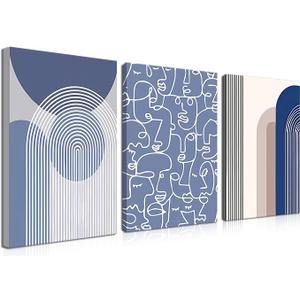 Abstract Wall Art Set of 3 - Modern Navy Blue Wall Decor Neutral Boho Oil Painting Lines Canvas Artwork Posters Prints Framed 12×16 Inch for Living Room Bedroom Office Home Decoration