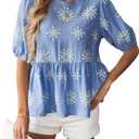 SweatyRocks Women's Floral Print Puff Sleeve Bow Blouses Summer Boho Ruffle Peplum Tops (Blue, S)
