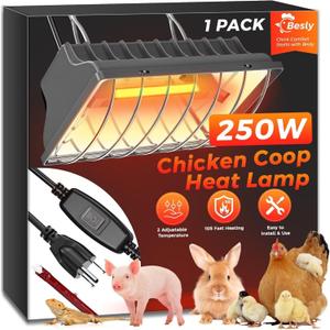 Heat Lamp for Chicken Coop, 250W Waterproof Brooder Heater for Indoor & Outdoor Used, Infrared Heat Lamp with Adjustable Temp & Height, Ideal for Poultry, Livestock & Small Pets (Black)