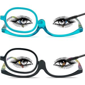 2 Pack Makeup Reading Glasses for Women Magnifying Flip Down Cosmetic Readers with Spring Hinge (Black+blue)