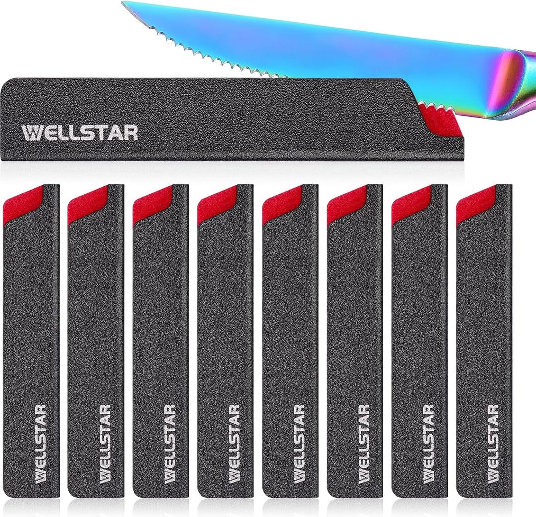 WELLSTAR Steak Knife Edge Guards Set, 8 Piece Universal Blade Covers, BPA Free ABS Protective Blade Sheaths, Non-Scratch Felt Lining Kitchen Utility or Steak Knives Covers (Knives not included)