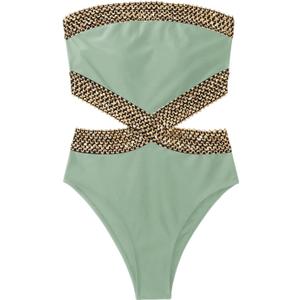 Milumia Women's Stitch Detail Strapless One Piece Swimsuit Cut Out Bandeau Bathing Suit (Green, L)
