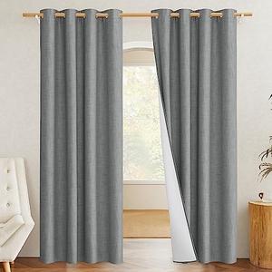 NICETOWN 100% Absolutely Blackout Linen Curtains with Thermal Insulated White Liner, Dove Grey, W52, 2 Pieces, Noise Reducing Textured Linen Look Curtains for Windows 120 inch Length for Classroom