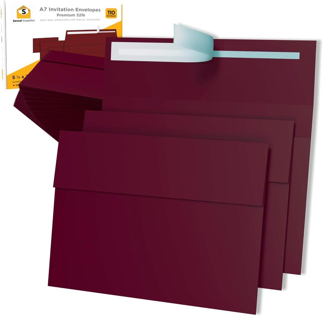 110 5x7 Burgundy Invitation Envelopes - for 5x7 Cards - A7 - (5 x 7 inches) - Perfect for Weddings, Graduation, Baby Shower - 120 GSM - Peel, Press & Self Seal - Square Flap