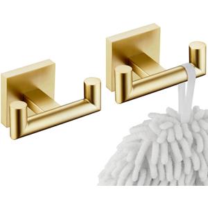 KOKOSIRI Robe Hooks Bathroom Double Towel Coat Hook for Bath Kitchen Wall Mounted, 2 Pack Brushed Gold Stainless Steel B1015BG-P2