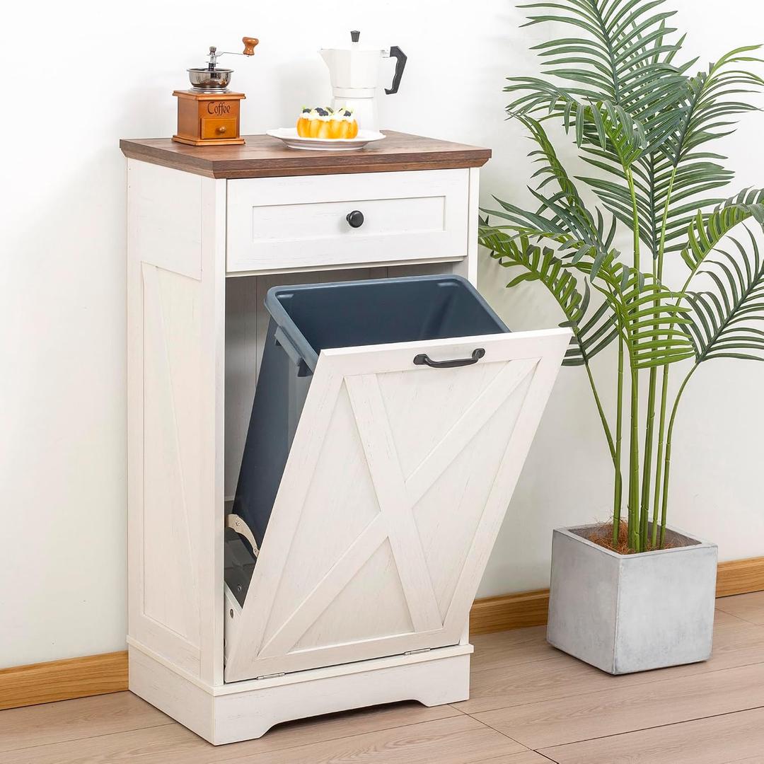 13 Gallons Tilt Out Trash Cabinet with Drawer, Vintage White