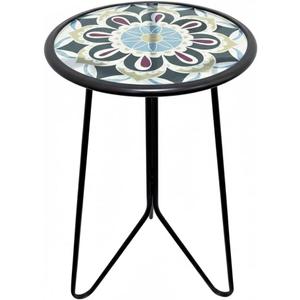 LIFFY Outdoor Side Table,12" Indoor Small Round Glass Tabletop Accent Table with Metal Frame, Home Decorative Plant Stand & End Table Outside for Patio, Garden, Yard, Kitchen, Porch (Blue&green)