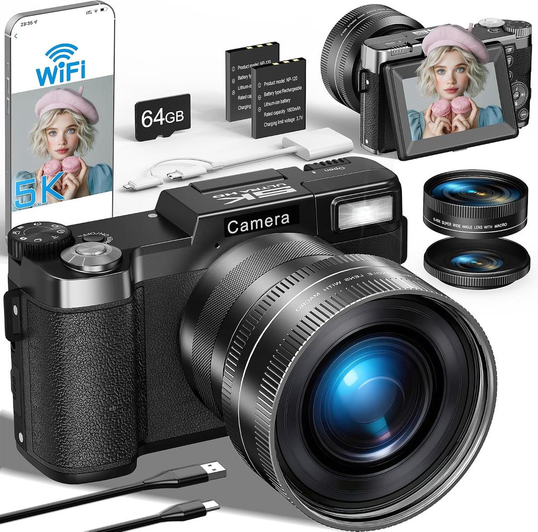 FLATIC 5K Digital Camera with WiFi, Cameras for Photography with 180Flip Screen, Vlogging Camera with 64GB Card, Battery, Camera for Beginner, Teens