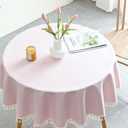 Qubjus Round Textured Tablecloth Waterproof Cotton Linen Tassel Wrinkle Free Washable Decorative Fabric Table Cover for Kitchen Dining Table, Round-63, Pink