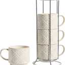 6 Oz Coffee Cups with Stand, Stackable Espresso Cups Set of 4, Ceramic Cappuccino Cup, Embossed Coffee Mugs for Latte, Cocoa, Mocha, Tea, Housewarming Wedding Present, Dishwasher Safe