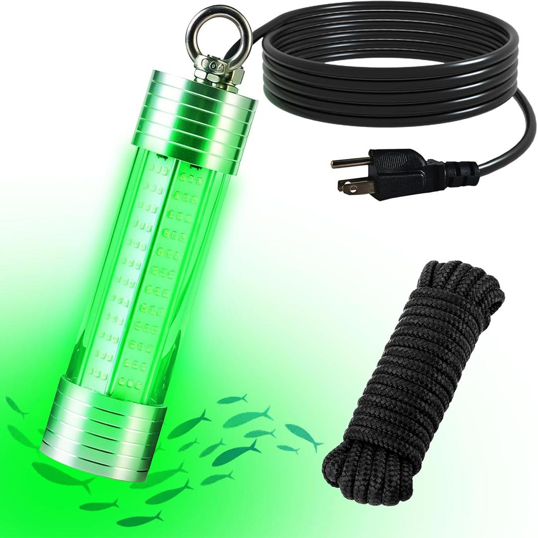 150W 20000LM Green Underwater Fishing Light,Submersible LED Light with Tow Rope for Dock Boat Shore Night Fishing,Fresh & Salt Water Fish Attractor Light 33ft Cable